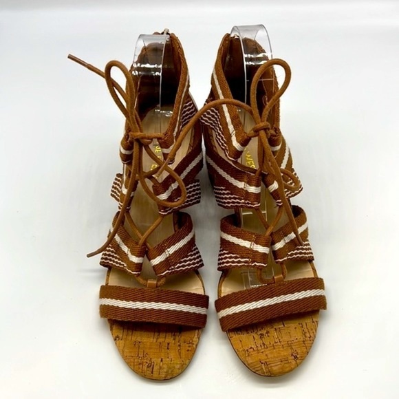 Nine West - Ghobio Nautical Style Brown & White Lace Up Block Cork Heels SZ 7.5 - Picture 3 of 14